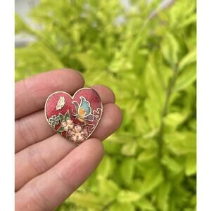 Vintage Enamel Heart Shape Butterfly Flowers Gold Trim Brooch Pin